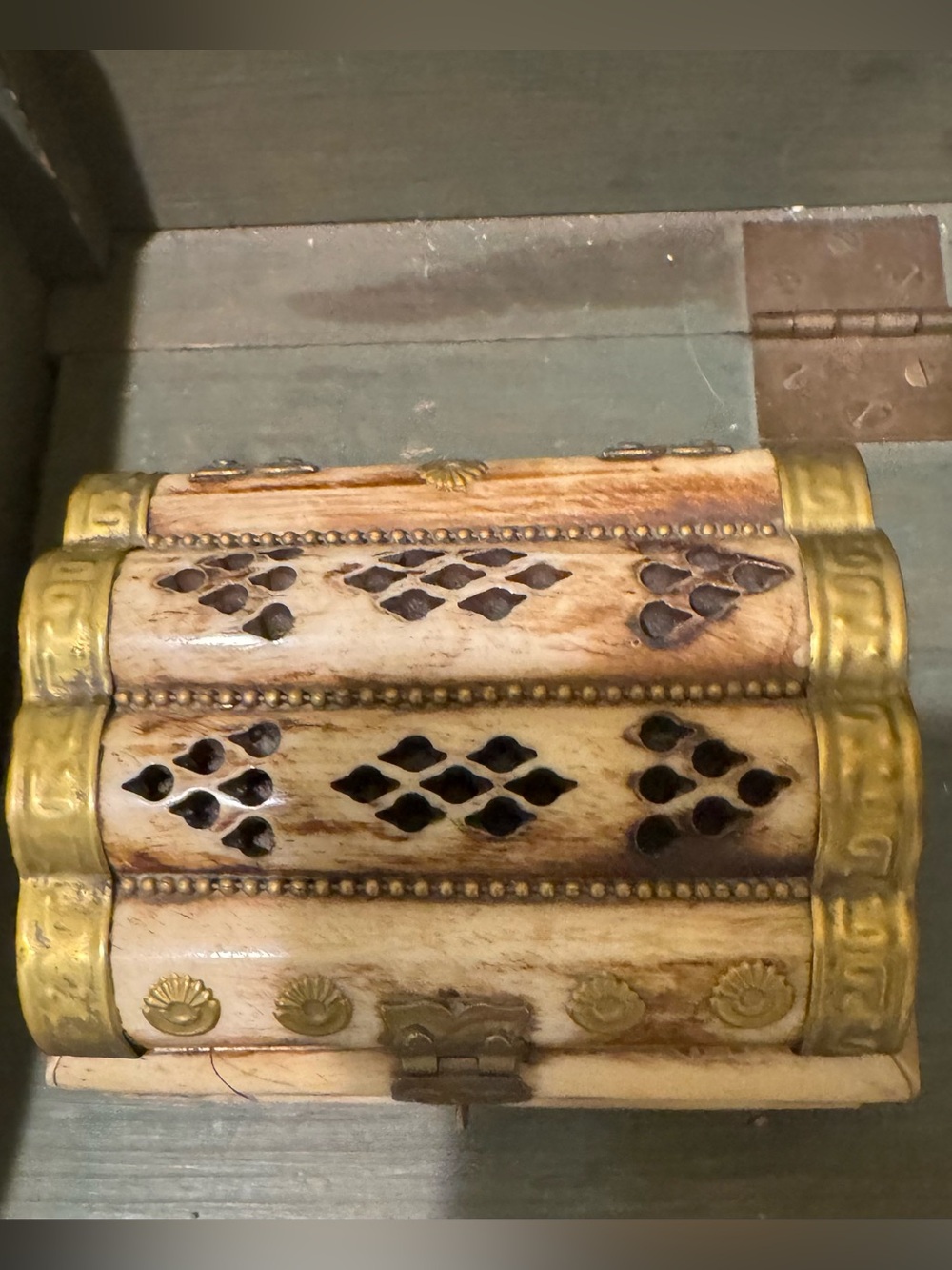 Genuine turtle shell  Carved Bone Jewelry Box in Cream and Gold